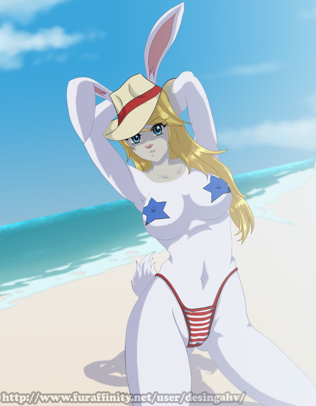 anthro beach bikini bikini_bottom biped blonde_hair blue_eyes breasts clothed clothing cloud detailed_background female fur hair hands_behind_head hat headgear headwear kneeling looking_at_viewer navel nipple_outline outside pasties sand seaside skimpy sky solo star swimwear text two-piece_swimsuit water white_body white_fur desingahv lagomorph leporid mammal rabbit 2013 url