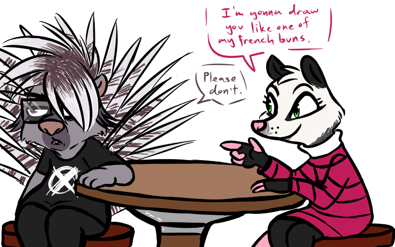 anthro chair clothed clothing dialogue duo eyewear female furniture gesture glasses hair hair_over_eye hand_gesture male one_eye_obstructed pointing simple_background sitting speech_bubble table text white_background inkyfrog disney zootopia craig_(inkyfrog) fan_character jackie_(inkyfrog) american_opossum mammal marsupial porcupine rodent virginia_opossum 16:10 2017 english_text widescreen