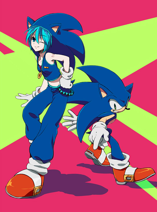 anthro blue_body blue_fur blue_hair bottomwear clothing cosplay crossover_cosplay duo female footwear fur gloves green_eyes grin hair handwear hoodie male one_eye_closed pants pink_background shoes simple_background smile topwear wink root8beat project_diva sega sonic_the_hedgehog_(series) vocaloid hatsune_miku sonic_the_hedgehog eulipotyphlan hedgehog human mammal 2013 crossover