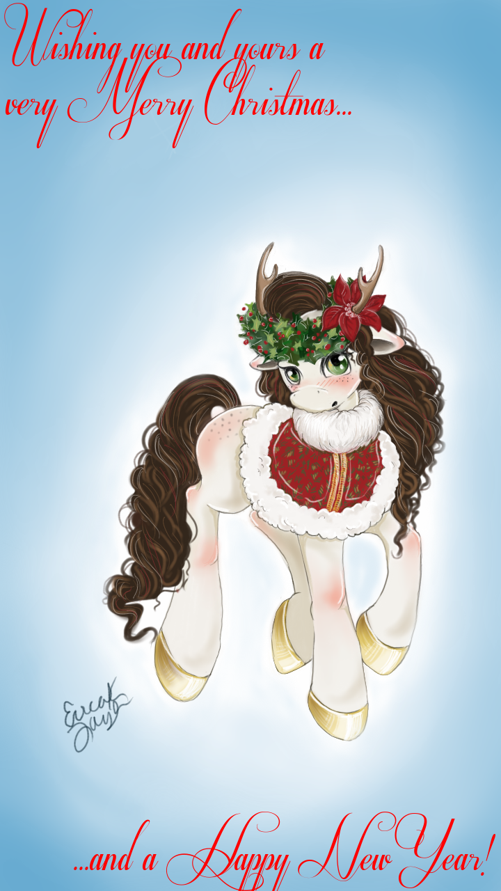 blush brown_hair card christmas_card female feral flower freckles green_eyes hair holiday_card holidays horn looking_at_viewer plant simple_background solo text wreath lifeuntamed christmas hasbro my_little_pony fan_character equid mammal 9:16 english_text hi_res signature