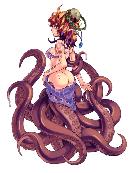 bra breasts butt clothed clothing female hair long_hair looking_at_viewer simple_background skimpy slime solo split_form tattoo tentacles underwear kenkou_cross animal_humanoid cecaelia cephalopod cephalopod_humanoid coleoid human humanoid mammal marine marine_humanoid merfolk mollusk mollusk_humanoid octopodiform