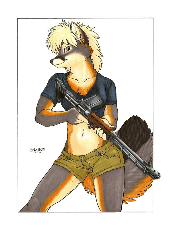 anthro assault_rifle blonde_hair bottomwear breasts clothing ear_piercing female fg-42 gun hair holding_gun holding_object holding_ranged_weapon holding_weapon neck_muscles piercing ranged_weapon rifle shirt shorts solo tail topwear weapon kalahari canid canine fox grey_fox mammal urocyon 2012 marker_(artwork) portrait three-quarter_portrait traditional_media_(artwork)