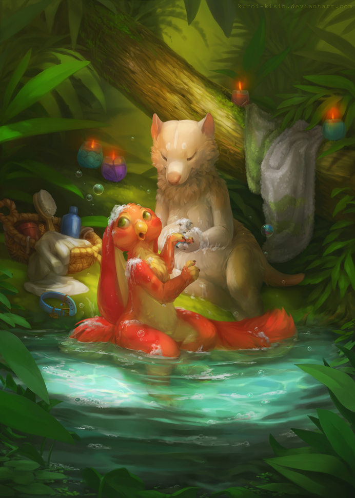 ambiguous_gender anthro detailed_background duo green_eyes nude partially_submerged sitting kuroi-kisin mythology mango_(mangobird) shurya avian dasyurid dasyuromorph gryphon mammal marsupial mythological_avian mythological_creature tasmanian_devil teacup_gryphon 2019 digital_media_(artwork)