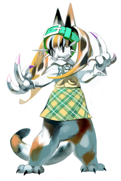 accessory anthro belt biped bottomless bottomwear claws clothed clothing female headband long_claws plaid skirt solo tail tokiya_sakuba domestic_cat felid feline felis hybrid lagomorph leporid mammal rabbit digital_media_(artwork) full-length_portrait portrait