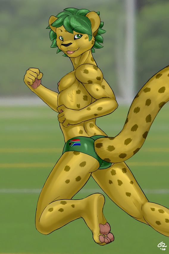 anthro athletic athletic_anthro athletic_male barefoot bent_leg biped black_nose bottomwear butt clothed clothing feet flag fur furgonomics green_eyes green_hair hair hindpaw looking_at_viewer looking_back looking_back_at_viewer male mascot nipples outside pants partially_clothed paws pecs pink_nipples raised_tail running short_hair solo south_africa south_african_flag spots tail tail_clothing tongue tongue_out topless underwear world_cup yellow_body yellow_fur charon2 fifa zakumi felid leopard mammal pantherine 2010