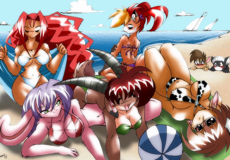 anthro beach big_breasts bikini blonde_hair blush breasts brown_body brown_fur brown_hair cleavage clothed clothing cloud detailed_background eyes_closed facial_markings female fur green_eyes group hair head_markings horn huge_breasts long_hair looking_at_another male markings multicolored_body multicolored_fur multicolored_hair outside peeping red_hair sand seaside skimpy sky swimwear tight_clothing two-piece_swimsuit two_tone_body two_tone_fur two_tone_hair voyeur water white_body white_fur chalo las_lindas ambar chalo_(character) connin grace_(chalo) mora_linda soulkat vixy antelope bear bovid bovine canid canine cattle fox gazelle lagomorph leporid mammal rabbit