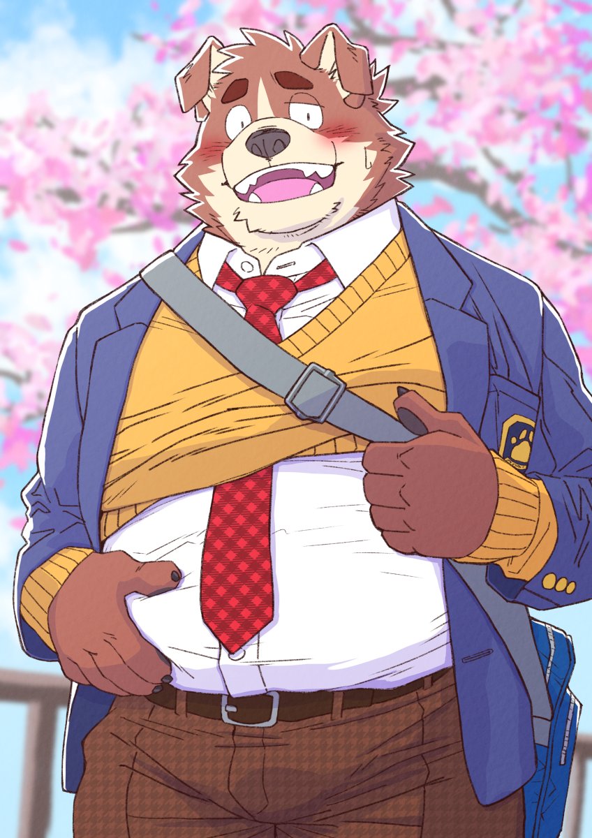 anthro black_nose blush bottomwear brown_body cherry_blossom cherry_blossom_tree cherry_tree clothing flower fruit_tree kemono male necktie overweight overweight_male pants plant prunus_(flower) shirt solo topwear tree ryuta-h canid canine canis domestic_dog mammal 2023 hi_res