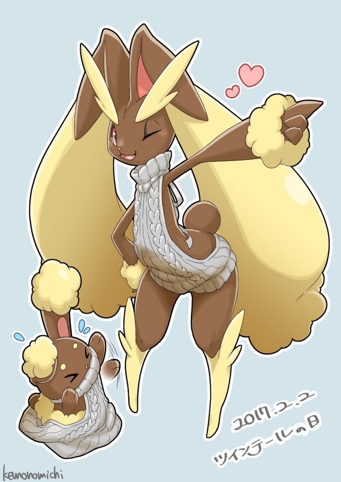 anthro blue_background blush bodily_fluids clothing duo evolutionary_family female heart_symbol level_difference simple_background size_difference sweat sweater topwear virgin_killer_sweater kemokemono meme_clothing nintendo pokemon buneary generation_4_pokemon lagomorph lopunny mammal pokemon_(species) 2017 meme