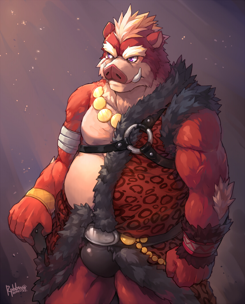 anthro belly big_belly biped bulge clothing fur humanoid_hands kemono male moobs overweight overweight_male red_body red_fur solo underwear rpbbw mammal suid suine sus_(pig) wild_boar 2014