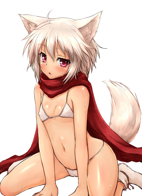 :o ahoge blush bodily_fluids bra breasts camel_toe clothed clothing female glistening glistening_eyes hair looking_at_viewer navel open_mouth panties red_eyes scarf simple_background sitting skimpy small_breasts solo sweat tight_clothing training_bra underwear wariza white_background white_bra white_clothing white_hair white_panties white_underwear wolf_tail negija touhou momiji_inubashiri animal_humanoid canid canid_humanoid canine canine_humanoid canis humanoid mammal mammal_humanoid wolf wolf_humanoid