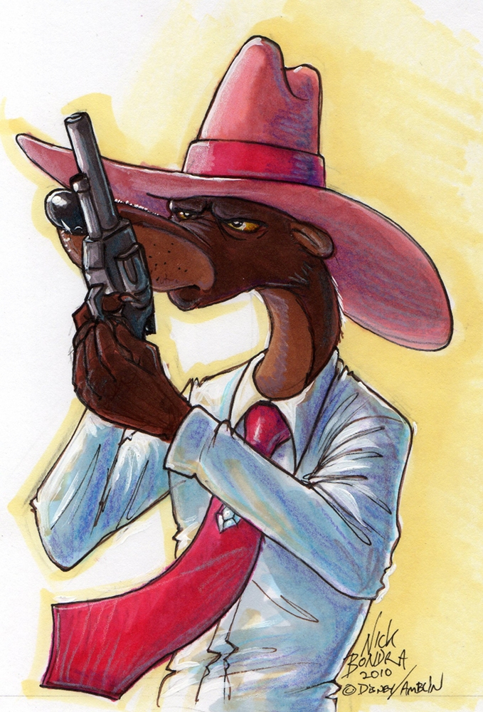 anthro brown_body brown_fur clothing collared_shirt diamond_(gem) dress_shirt fur gem gun handgun hat headgear headwear holding_gun holding_object holding_ranged_weapon holding_weapon male necktie ranged_weapon revolver shirt solo topwear weapon yellow_sclera nick_bondra phraggle disney who_framed_roger_rabbit smarty_weasel toon_patrol mammal mustelid musteline true_musteline weasel 2010 signature traditional_media_(artwork)