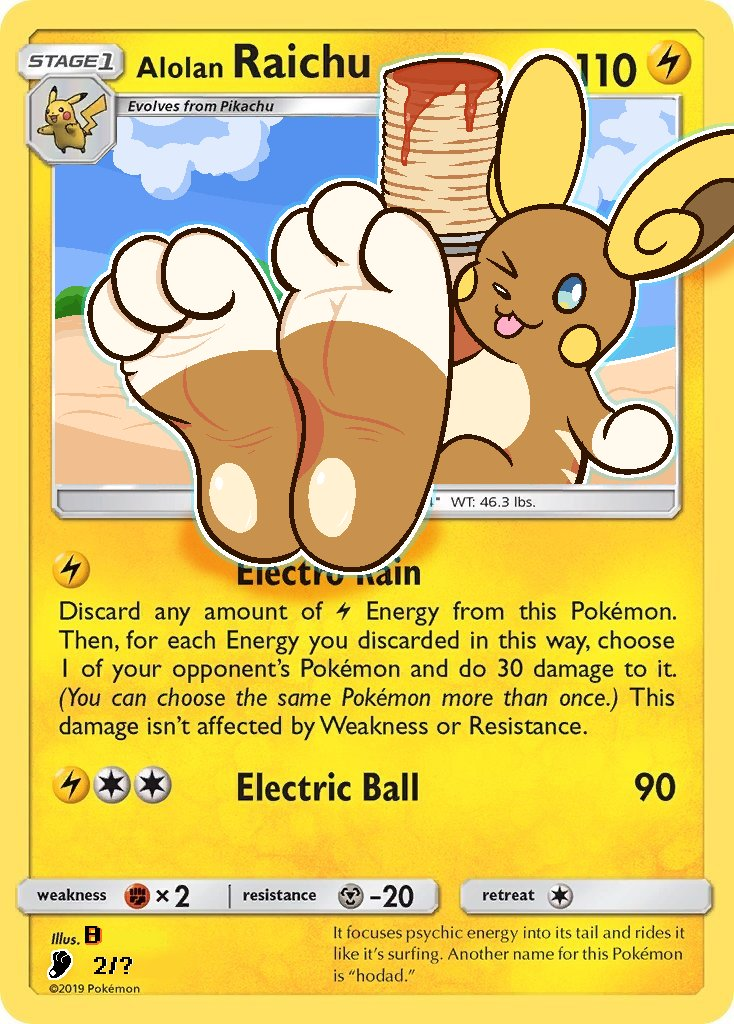 3_toes ambiguous_gender biped blep card_edit curling_toes feet foot_fetish foot_focus one_eye_closed paws plantigrade pokemon_card smile soles solo tcg_card text toes tongue tongue_out trading_card trading_card_game wink b_bun300 nintendo pokemon alolan_form alolan_raichu generation_7_pokemon mammal pokemon_(species) regional_form_(pokemon) rodent english_text