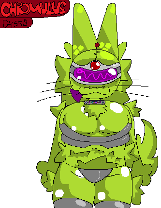 antenna_hair anthro armor big_ears breasts collar_ring female fluffy fluffy_chest fluffy_tail fur green_body green_fur hair metal_panties tail thigh_fluff tongue tongue_out visor_eyes whiskers chromulus zoopler_(chromulus) alien domestic_cat felid feline felis mammal low_res