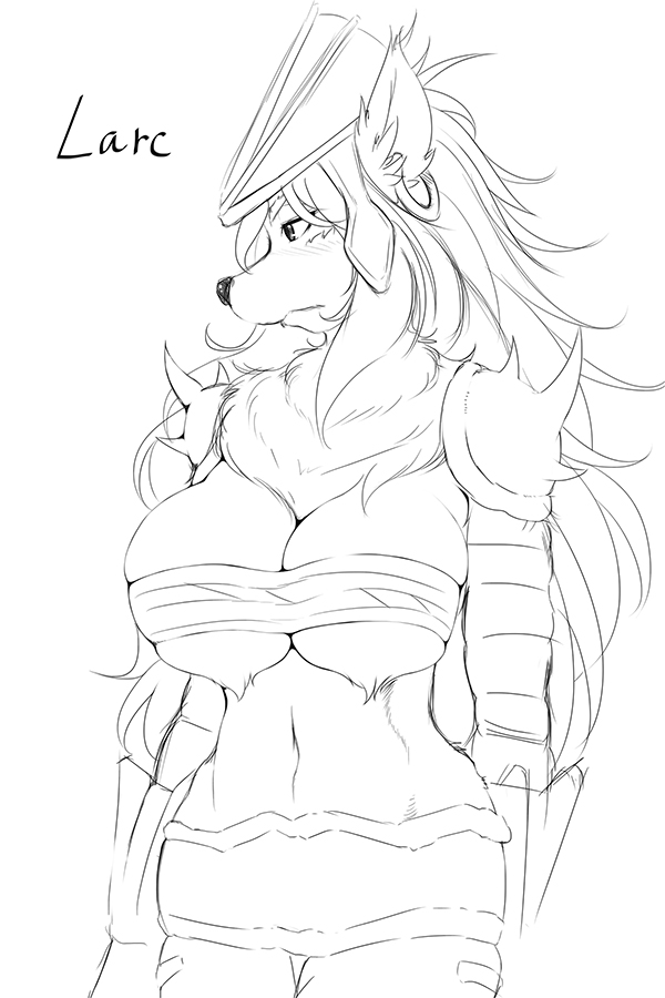 anthro armor big_breasts biped breasts cleavage clothed clothing crossgender ear_piercing female hands_at_the_sides headgear helmet jewelry mtf_crossgender piercing shoulder_pads solo standing yus-ts legend_of_mana mana_(series) square_enix larc_(mana) canid canine canis mammal wolf 2:3 monochrome