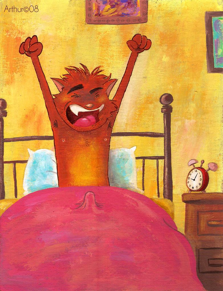 alarm_clock anthro armpit_hair bed bedroom body_hair bureau clock clothed clothing erection eyebrows eyes_closed fur furniture male morning_wood nipples open_mouth orange_body orange_fur painting pillow pink_blanket sharp_teeth solo teeth teeth_showing thick_eyebrows tongue_showing topless white_pillow yawn yellow_wall rthur domestic_cat felid feline felis mammal acrylic_painting_(artwork) painting_(artwork) traditional_media_(artwork)