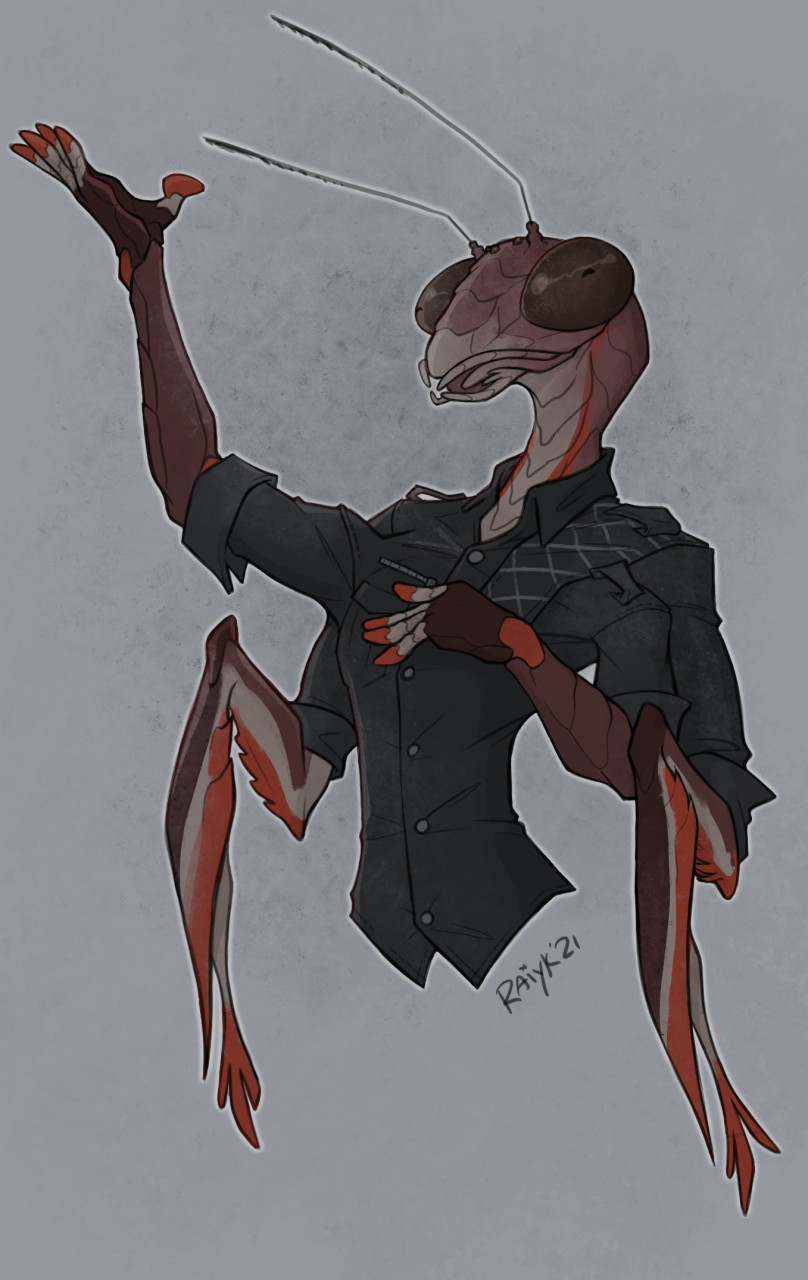 4_arms antennae_(anatomy) anthro brown_body clothed clothing compound_eyes countershading dress_shirt male mandibles markings multi_arm multi_limb raised_arm red_markings shirt solo topwear raiyk shay_milner arthropod insect mantis half-length_portrait hi_res portrait