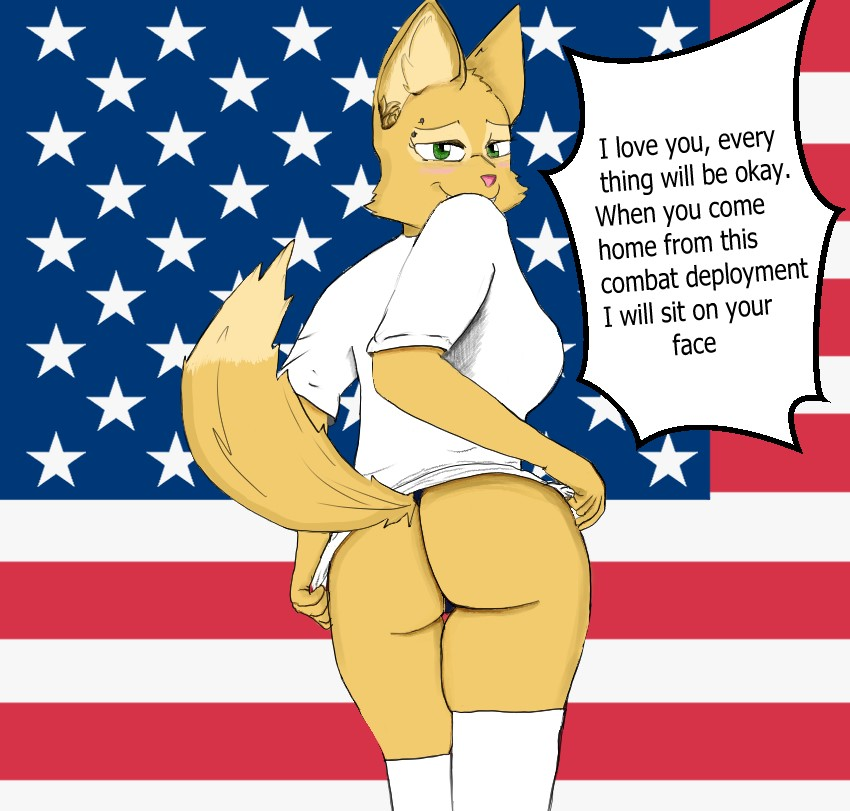 american_flag anthro butt clothed clothing eyebrow_piercing facial_piercing female fur goodman legwear looking_at_viewer partially_clothed piercing presenting presenting_hindquarters shirt solo tan_body tan_fur text thigh_highs topwear united_states_of_america white_clothing white_legwear white_shirt white_thigh_highs white_topwear unknown_artist dreamworks the_bad_guys diane_foxington canid canine fox mammal english_text meme