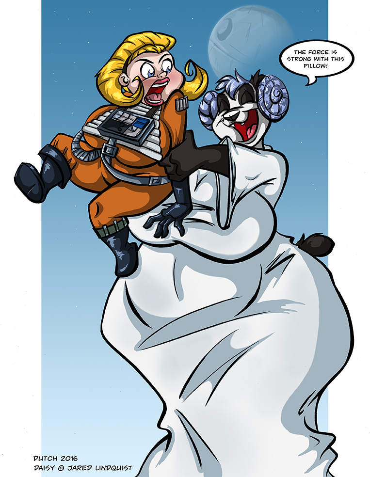 anthro belly big_breasts blonde_hair blue_eyes blue_hair breasts clothed clothing cosplay death_star dress duo eyes_closed female hair huge_breasts open_mouth overweight overweight_anthro overweight_female speech_bubble text x-wing_uniform dutch_(artist) misty_the_mouse star_wars apple_(dutch) daisy_(jklind) leia_organa bear giant_panda human mammal 2016 digital_media_(artwork) english_text