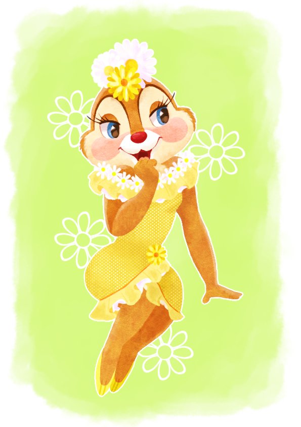 anthro blue_eyes blush cheek_tuft clothed clothing dress eyelashes facial_tuft female footwear fur looking_aside narrowed_eyes open_mouth open_smile red_nose simple_background sitting smile solo tan_body tan_fur tuft yellow_clothing yellow_dress disney_nns chip_'n_dale disney clarice_(disney) chipmunk ground_squirrel mammal rodent sciurid