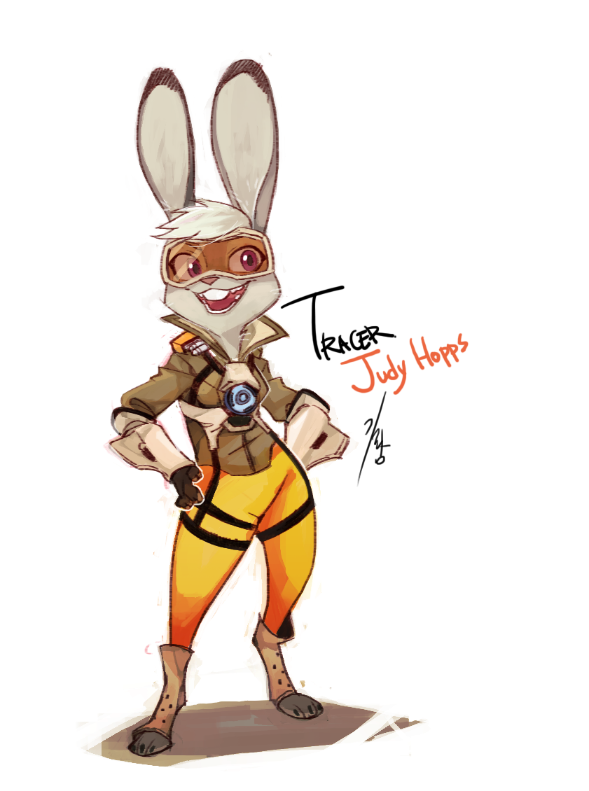 anthro buckteeth clothing cosplay eyewear female footwear fur glasses goggles grey_body grey_fur legwear simple_background socks solo teeth toeless_footwear toeless_socks ganym0 blizzard_entertainment disney overwatch zootopia judy_hopps tracer_(overwatch) lagomorph leporid mammal rabbit