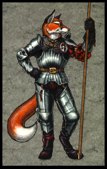 anthro armor belt besagew biped black_body black_fur chainmail front_view fur hand_on_hip holding_object holding_weapon looking_at_viewer male medieval orange_body orange_fur pauldron plate_armor poleyn pose solo standing tail vambrace weapon white_body white_fur iisaw canid canine fox mammal