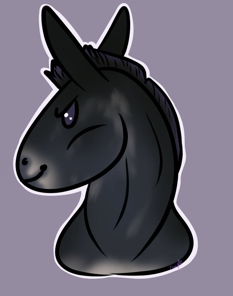 ambiguous_gender chibi hair long_ears purple_eyes purple_hair short_hair simple_background smile solo gayletrotter gynja_(skuggamul) asinus donkey equid equine horse hybrid mammal mule 2022 bust_portrait digital_media_(artwork) portrait