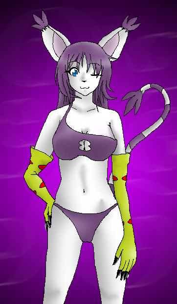 ;3 anthro bikini breasts claws cleavage cleavage_cutout clothed clothing cutout ear_tuft female fur gloves hair handwear keyhole_bikini keyhole_clothing long_hair midriff navel one_eye_closed purple_background purple_hair simple_background skimpy solo swimwear tail tight_clothing tuft two-piece_swimsuit white_body white_fur neomacurris bandai_namco digimon digimon_(species) felid gatomon mammal