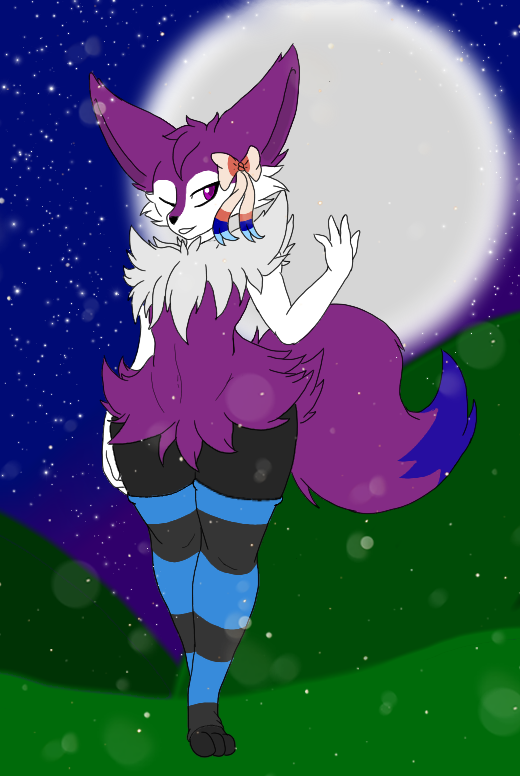 4_fingers anthro bow_ribbon chest_tuft clothed clothing crossdressing detailed_background dipstick_tail feet femboy fingers fur hindpaw leggings legwear light male markings moon moonlight night one_eye_closed paws purple_body purple_fur seductive slim solo standing tail tail_markings tuft wide_hips wink lusterblaze nintendo pokemon nino_(character) braixen canid canine fennec_fox fox generation_6_pokemon mammal pokemon_(species) shiny_pokemon true_fox