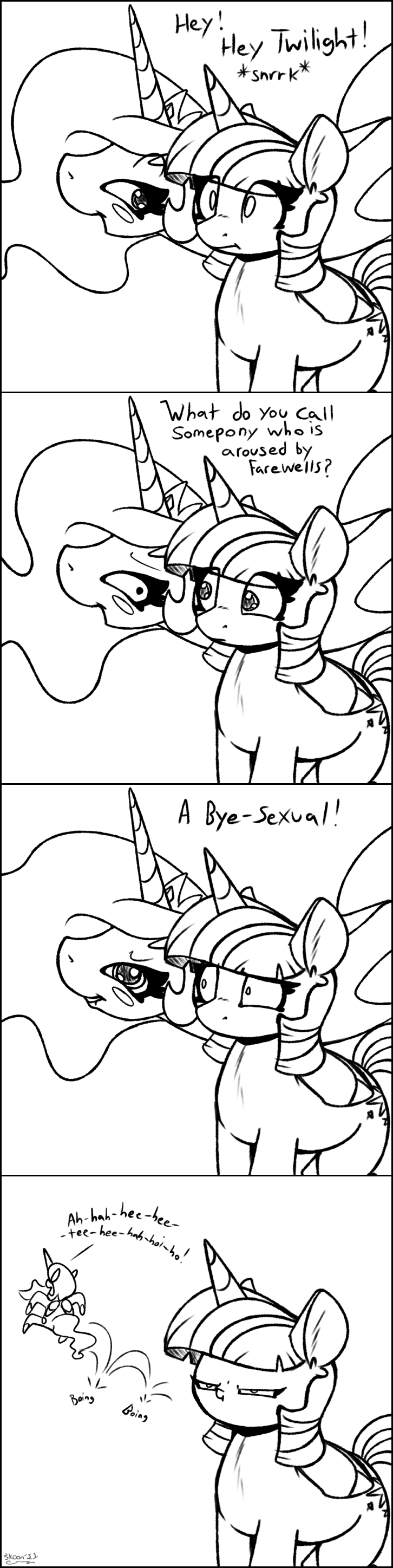 black_border border dad_joke dialogue duo female feral horn larger_female size_difference smaller_female text wings conditional_dnp skoon friendship_is_magic hasbro my_little_pony mythology princess_celestia_(mlp) twilight_sparkle_(mlp) equid equine mammal mythological_creature mythological_equine winged_unicorn absurd_res comic english_text hi_res monochrome