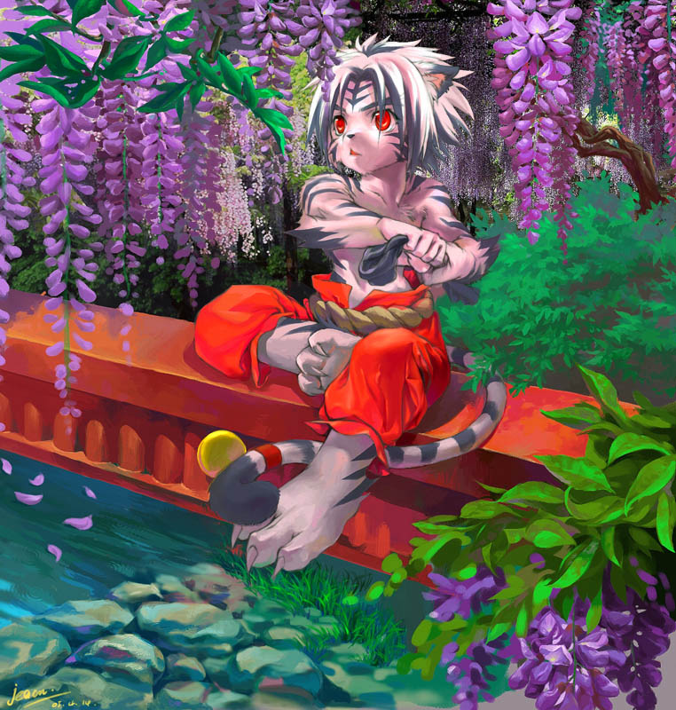 anthro bell belt bottomwear bridge clothed clothing flower forest forest_background fur kemono male nature nature_background pants plant purple_flower red_bottomwear red_clothing red_eyes red_pants river rock rope rope_belt shrub sitting solo striped_body stripes tree water white_body white_fur jeacn onmyou_taisenki kogenta_(onmyou_taisenki) felid mammal pantherine tiger