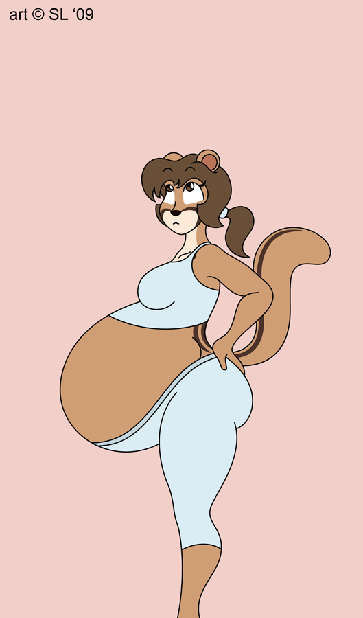 belly big_belly bottomwear breasts brown_eyes brown_hair clothed clothing copyright_symbol female hair pants ponytail pregnant simple_background solo symbol topwear satsumalord terry_(satsumalord) chipmunk ground_squirrel mammal rodent sciurid 2009 digital_media_(artwork)