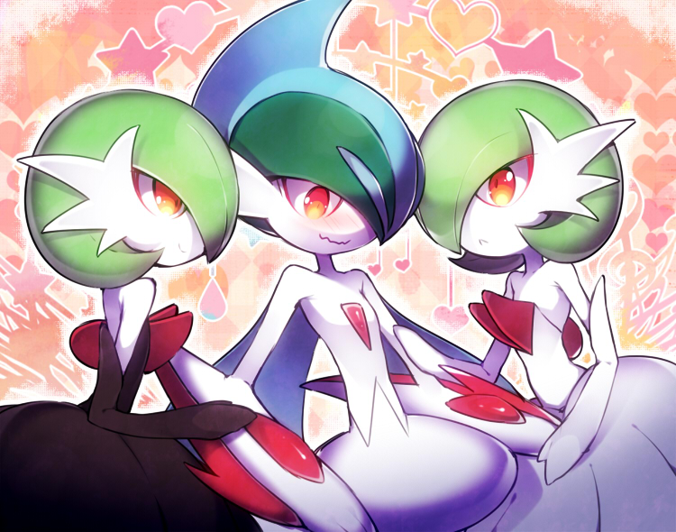 abstract_background alternate_color ambiguous_gender blush clothing dress green_hair group hair heart_symbol looking_down male red_eyes simple_background smile xx56su_x nintendo pokemon generation_6_pokemon humanoid mammal mega_evolution mega_gallade mega_gardevoir pokemon_(species) shiny_pokemon 2015