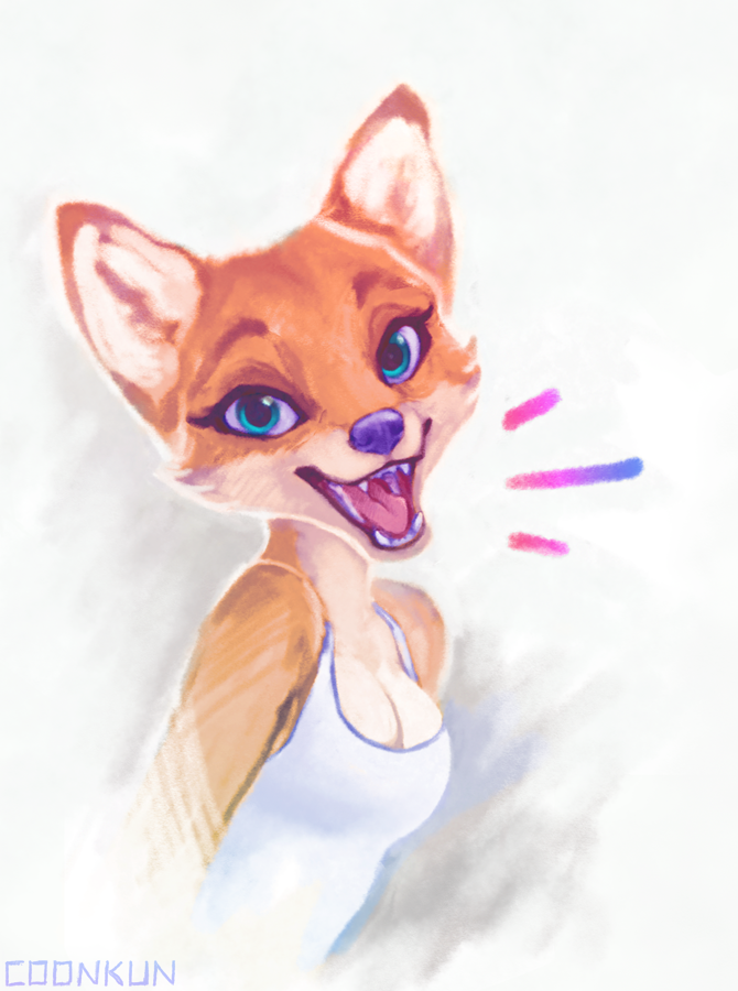 anthro blue_eyes breasts clothed clothing fangs female fur looking_at_viewer open_mouth orange_body orange_fur sharp_teeth smile solo teeth tongue coonkun canid canine fox mammal