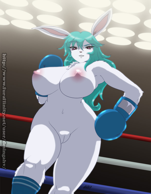 anthro big_breasts boxing boxing_gloves breasts clothing female fighting_ring genitals gloves handwear legwear looking_at_viewer looking_down low-angle_view navel nipples nude pussy red_eyes smile solo sport stockings white_pussy desingahv lagomorph leporid mammal rabbit 2013