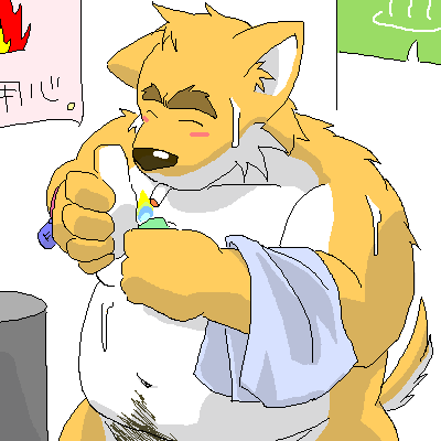 anthro belly bodily_fluids brown_body brown_fur cigarette eyes_closed fur kemono male navel overweight overweight_male pubes smoking solo sweat text towel oogamikennta canid canine canis domestic_dog mammal 1:1 2006 archived_source digital_media_(artwork) japanese_text low_res oekaki