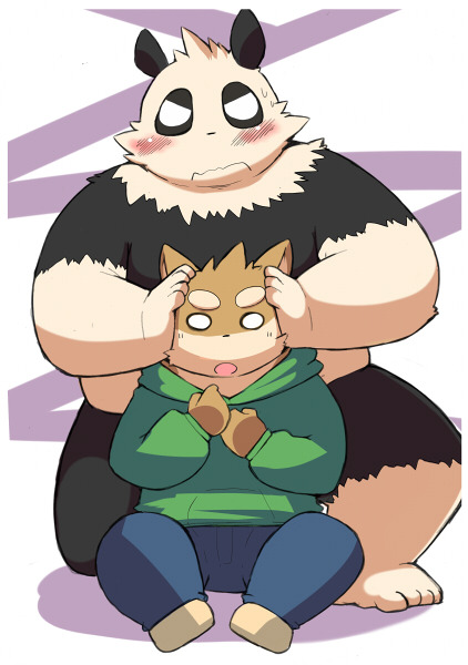 anthro belly blush bottomwear clothing duo hoodie male overweight overweight_male pants topwear ayame42612 bear canid canine giant_panda mammal 2014