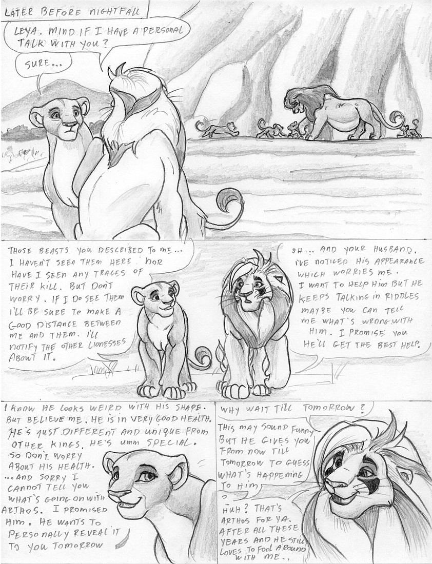 dialogue digitigrade female feral male pregnant pregnant_male quadruped tail tail_tuft text tuft young young_feral leovictor arthos leya sykur felid lion mammal pantherine 2008 black_and_white comic english_text monochrome shaded