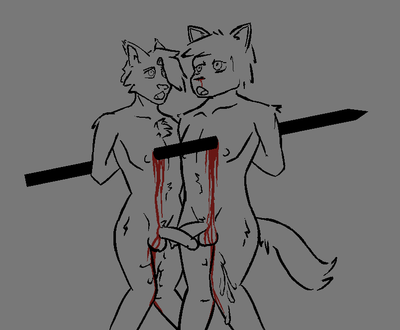 abdominal_impalement anthro balls bdsm blank_stare blood bodily_fluids bondage bound chest_to_chest chest_tuft corpse cum cum_on_leg dead_eyes death duo genital_fluids genitals gore gore_focus grey_background hands_behind_back impalement male male/male open_mouth penis penises_crossing simple_background snuff stabbed_heart tuft asphalt_(artist) isaac_(asphalt) sil_(cozymeta) canid canine canis domestic_dog felid feline lynx mammal