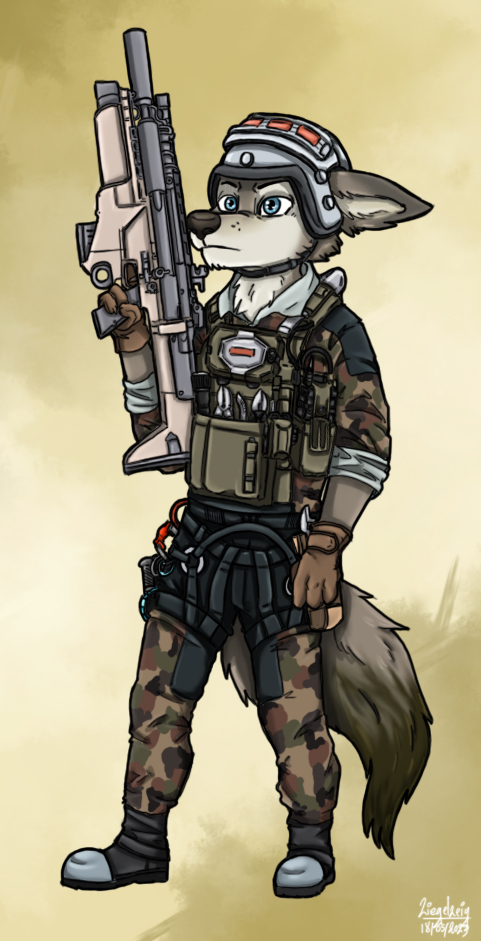 anthro black_body black_fur blue_eyes clothing fur grey_body grey_fur gun male military_uniform ranged_weapon rifle solo uniform weapon ziegelzeig alpha_and_omega humphrey_(alpha_and_omega) canid canine canis mammal wolf 2023