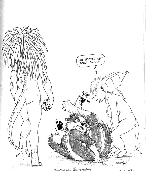 3_toes 4_toes anthro breasts dialogue digitigrade ear_piercing ear_ring eye_contact feet female group humor looking_at_another male mangled pawpads piercing ring_piercing speech_bubble tail text toes trio wounded james_m_hardiman cigarskunk onika treska asar khet mammal mephitid skunk english_text monochrome