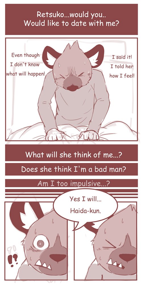 anthro clothed clothing eyes_closed fangs male solo speech_bubble teeth text lowerkuo aggretsuko sanrio haida_(aggretsuko) hyena mammal spotted_hyena 1:2 2018 comic english_text