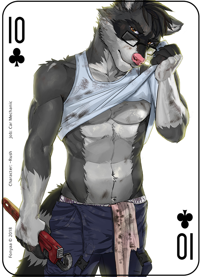 abs anthro biceps brown_eyes card card_template clothed clothing clothing_lift clubs_(suit) copyright_symbol eyewear fur glasses grey_body grey_fur hair holding_object looking_at_viewer male mechanic muscular muscular_anthro muscular_male pecs playing_card playing_card_template shirt shirt_lift simple_background solo standing suit_symbol symbol ten_of_clubs text tools topwear white_background white_body white_fur fonyaa rush_(character) mammal procyonid raccoon 2018 digital_media_(artwork) english_text