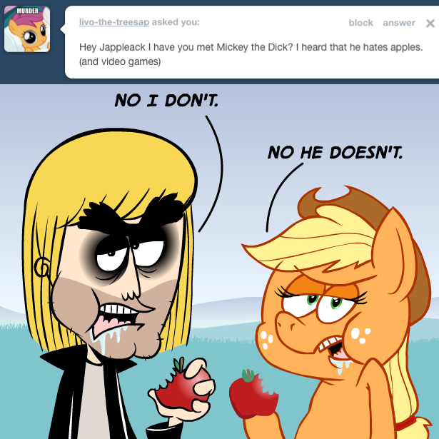 apple ask_jappleack blonde_hair bodily_fluids clothing dialogue drooling duo eating eyebrows food fruit fur green_eyes hair hat headgear headwear looking_at_viewer male orange_body orange_fur plant saliva simple_background text unibrow hotdiggedydemon friendship_is_magic hasbro my_little_pony tumblr applejack_(mlp) mickey_the_dick earth_pony equid equine horse human mammal pony 1:1 english_text