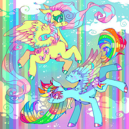 blue_body blue_fur cloud cutie_mark duo eyelashes feathered_wings feathers female female_feral feral flying fur hair hooves iridescent iridescent_feathers iridescent_hair iridescent_mane iridescent_tail iridescent_wings long_hair multicolored_hair multicolored_tail outside pink_eyes pink_hair quadruped rainbow rainbow_hair rainbow_tail sky sparklefur sparkles sparkling_eyes superflat tail teal_eyes wings yellow_body yellow_fur suippupupu friendship_is_magic hasbro my_little_pony mythology fluttershy_(mlp) rainbow_dash_(mlp) equid equine mammal mythological_creature mythological_equine pegasus 1:1 2019 aliasing colorful_theme digital_media_(artwork) icon low_res oekaki