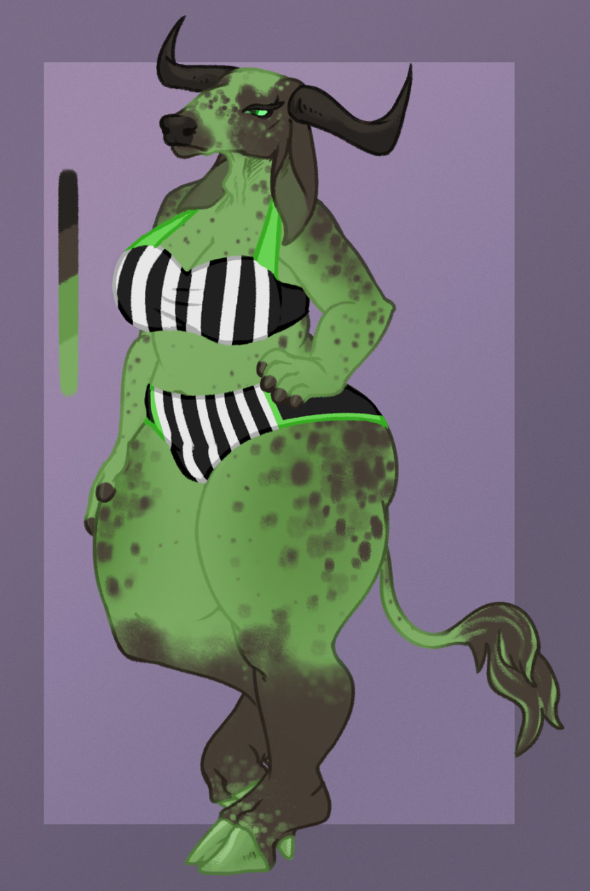 anthro big_butt bikini breasts brown_spots butt clothed clothing eyelashes female green_body green_eyes hands_on_hips hooves horn long_ears long_eyelashes pattern_clothing slightly_chubby solo spots striped_clothing stripes swimwear tail tail_tuft thick_thighs tuft two-piece_swimsuit wide_hips deermary bovid bovine cattle mammal hi_res