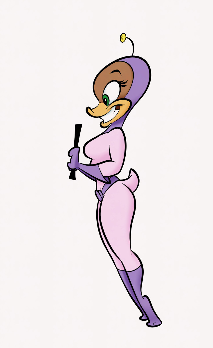 anthro big_breasts big_butt breasts butt female green_eyes smile solo thick_thighs tiptoes wide_hips stanmort duck_dodgers cadet_wuhura_(duck_dodgers) anatid anseriform avian bird duck hi_res