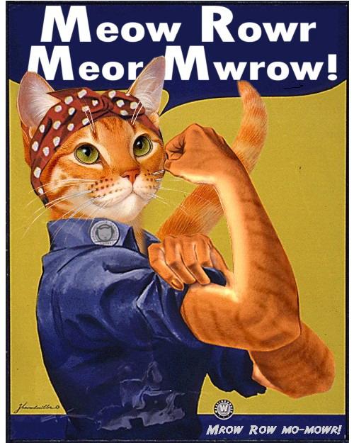 1940s alternate_species alternative_fashion anthro biceps black_border border clothing coveralls female feminism flexing fur furrification green_eyes headgear headkerchief headscarf headwear kerchief orange_body orange_fur parody polka_dots poster poster_template propaganda rockabilly solo tail unknown_year j_howard_miller we_can_do_it! rosie_the_riveter domestic_cat felid feline felis mammal 4:5 inspired_by_formal_art meme