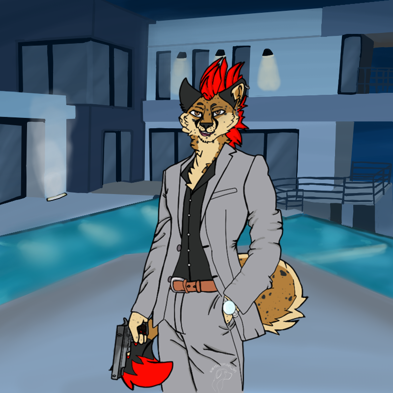 anthro clock clothing fur gun hair handgun looking_at_viewer male mansion pistol ranged_weapon red_body red_fur red_hair smile smiling_at_viewer solo suit swimming_pool watch weapon unknown_artist gemini_(mezzoknight) cheetah felid feline mammal 1:1