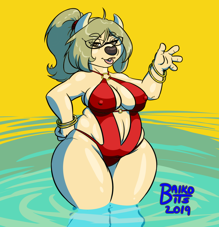 big_breasts bracelet breasts brown_eyes clothed clothing curvy_figure eyewear female gesture glasses hair horn huge_breasts jewelry looking_at_viewer nipple_outline one-piece_swimsuit smile solo swimwear voluptuous waving wide_hips baikobits maggie_hudson bovid mammal 2019