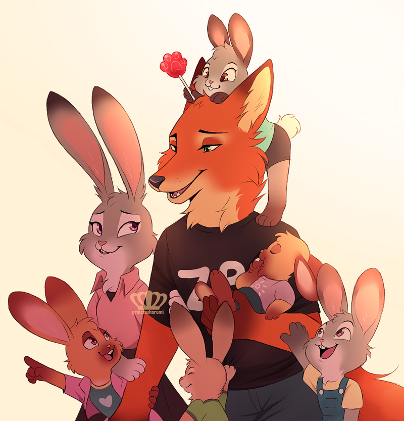 anthro carrying_another female food group male on_shoulders pawpsicle popsicle young young_anthro princessharumi disney zootopia judy_hopps nick_wilde canid canine fox lagomorph leporid mammal rabbit red_fox true_fox sibling_(lore)